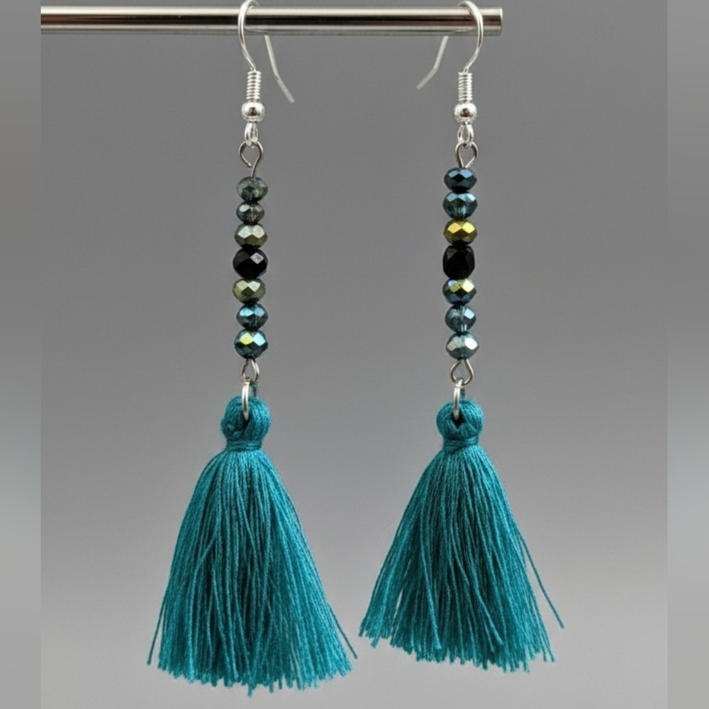 Turquoise boho beaded tassel fringe dangle earrings NWT